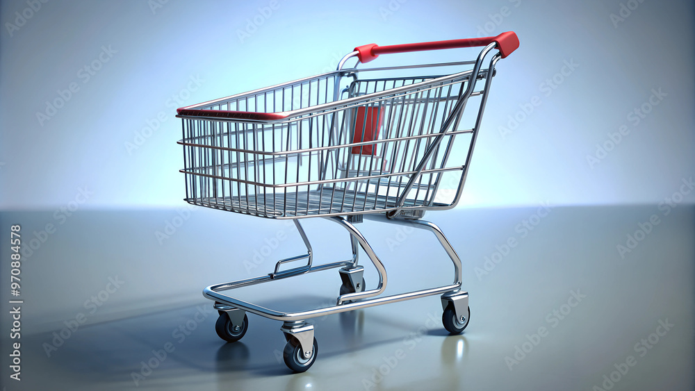 Shiny shopping cart with red handle on a light blue reflective surface Shiny shopping cart with red handle on a light blue reflective surface