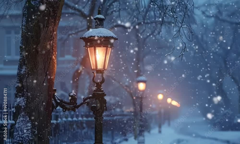 Victorian-era street lamp in the snow, hyperrealistic Video