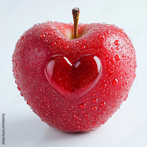 A single red apple with water droplets in heart shape, isolated on a white background, showing its glossy skin and fresh appearance