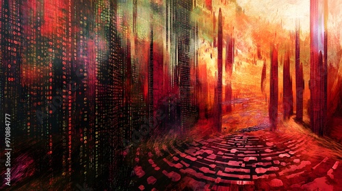 Abstract Cityscape with Binary Code and Red Hues photo