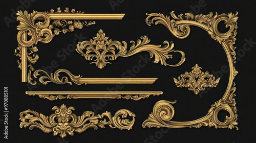 Ornate Gold Frame Elements on Black Background