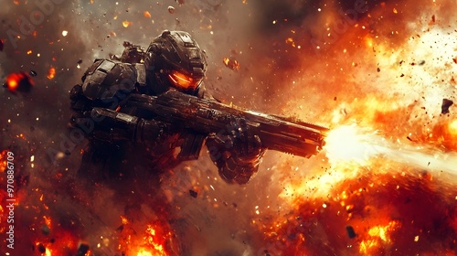 Futuristic Super Soldier Charges Through Fiery Explosion with Blazing Plasma Gun