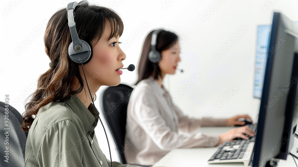 Japanese female office worker wearing a headset and working at a computer, another woman in the background looking over her shoulder and smiling, in a white modern office space, Japanese female office worker wearing a headset and working at a computer, another woman in the background looking over her shoulder and smiling, in a white modern office space,