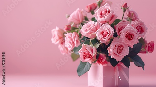 Pink roses in a pink box on a pink background.