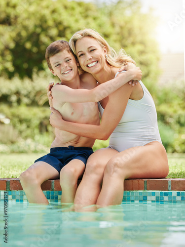 Mother, smile and child by swimming pool with portrait, hug or relax in garden or park. Woman, son and outdoor with break for bonding, play and embrace with love on holiday or summer vacation