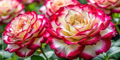 Vibrant compact double delight roses burst with ruffled creamy white petals, delicate crimson edges, and robust photo