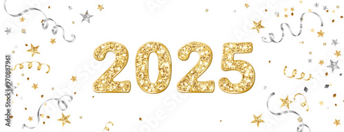 2025 golden glitter numbers. Happy new year banner. Background with gold and silver confetti. Flying ribbons and stars. Vector decoration. For Christmas and holiday headers, party flyers.