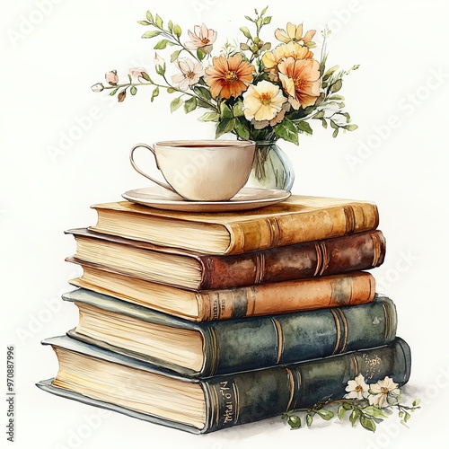 Stack of books with a coffee cup on top, flowers in a vase. Watercolor Clipart, white background.