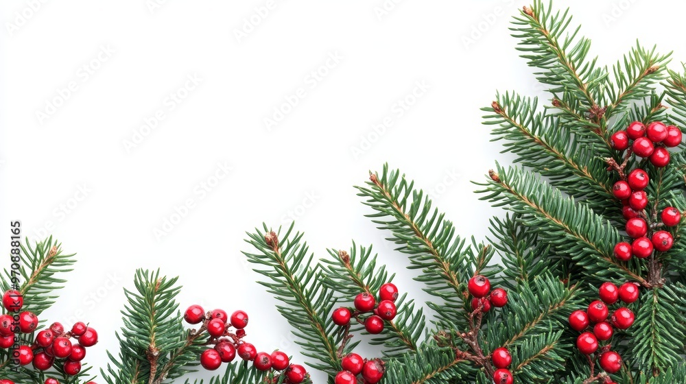 Christmas tree border and red berries decoration isolated on white Christmas tree border and red berries decoration isolated on white