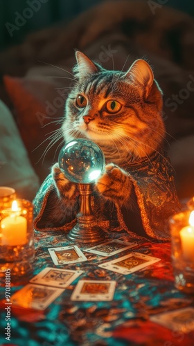 In a whimsical setting, a cat dressed as a fortune teller gazes into a crystal ball at a small table adorned with tarot cards and glowing candles photo