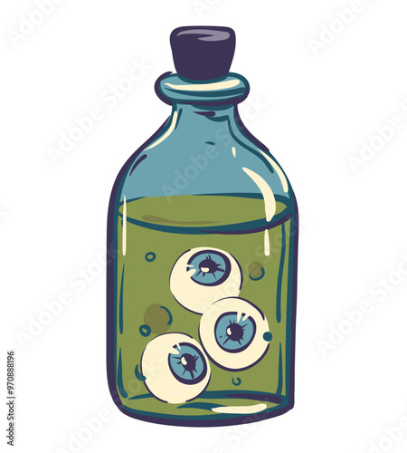 Vector illustration of a bottle with a potion. Magic vials with green potion and eyes for witchcraft, cartoon elixir, poison and antidote. Flat style.