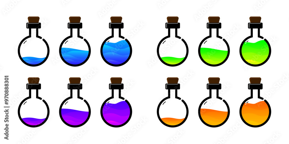 Set of glass bottles. Different colors potion flat style on white background. Vector illustration. Design elements for game collection. Set of glass bottles. Different colors potion flat style on white background. Vector illustration. Design elements for game collection.