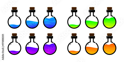 Set of glass bottles. Different colors potion flat style on white background. Vector illustration.  Design elements for game collection. 