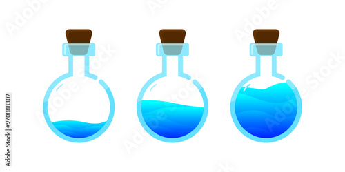 Set of glass bottles. Different colors potion flat style on white background. Vector illustration.  Design elements for game collection. 