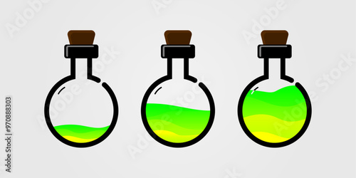 Set of glass bottles. Different colors potion flat style on white background. Vector illustration.  Design elements for game collection. 