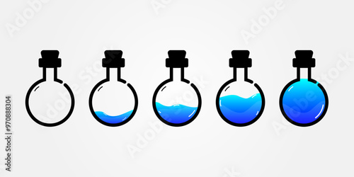 Set of glass bottles. Different colors potion flat style on white background. Vector illustration.  Design elements for game collection. 