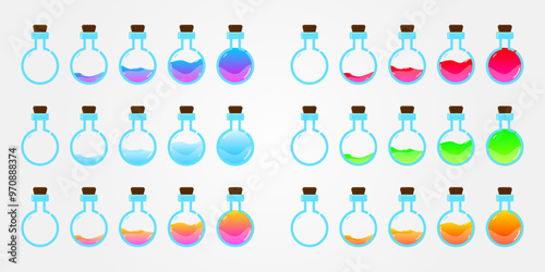 Set of glass bottles. Different colors potion flat style on white background. Vector illustration.  Design elements for game collection. 