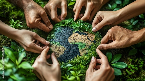 Fototapeta Naklejka Na Ścianę i Meble -  Hands Holding a Green and Black Earth Puzzle