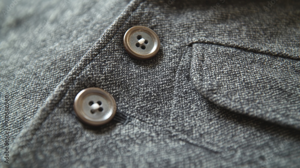 Close up of a gray shirts buttoned placket and pocket emphasizing the fabrics texture and sewing precision Close up of a gray shirts buttoned placket and pocket emphasizing the fabrics texture and sewing precision