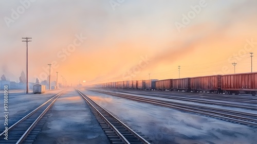 Watercolor depiction of pallets in a freight yard, trains fading into the distance, soft pastels, light brushstrokes, delicate textures, airy and serene mood