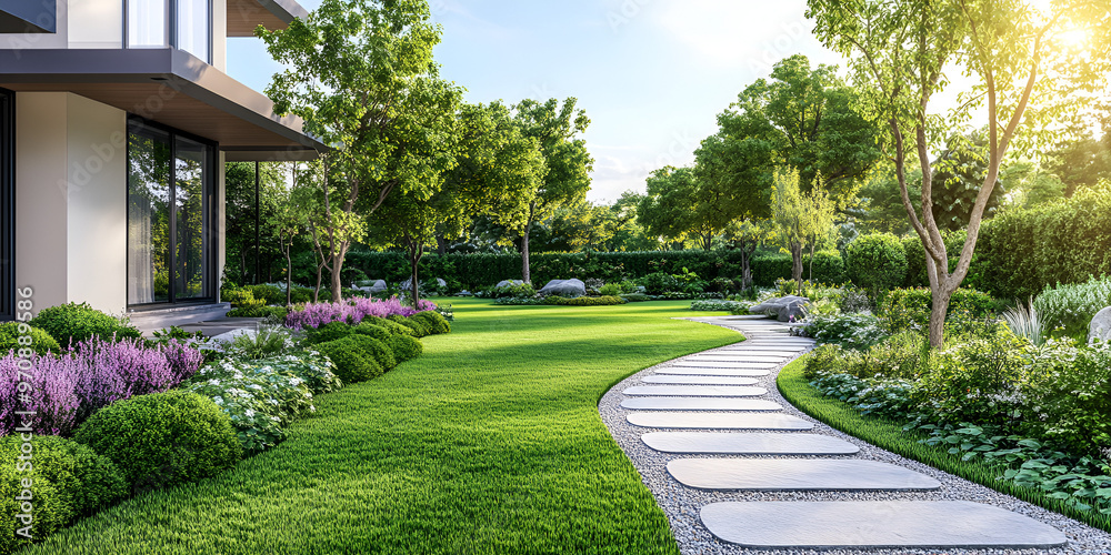 A serene garden pathway leads through lush greenery and colorful flowers A serene garden pathway leads through lush greenery and colorful flowers