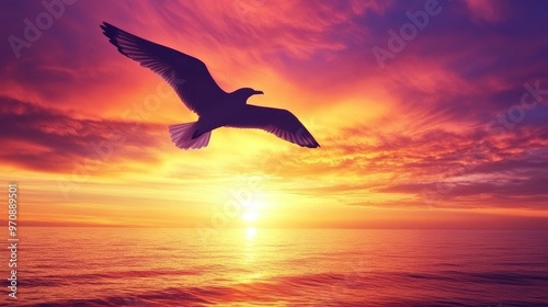 A Soaring Inspirational Bird Silhouette Flying Above A Colorful Ocean Sunset