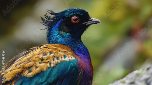 Close-Up Portrait of a Vibrant Bird with Blue and Gold Feathers