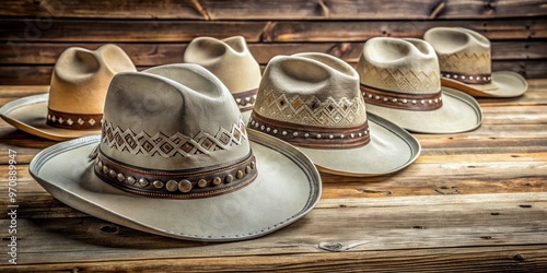 Vintage-inspired cowboy hats with silver bands and ornate detailing are expertly crafted on wooden surfaces. photo