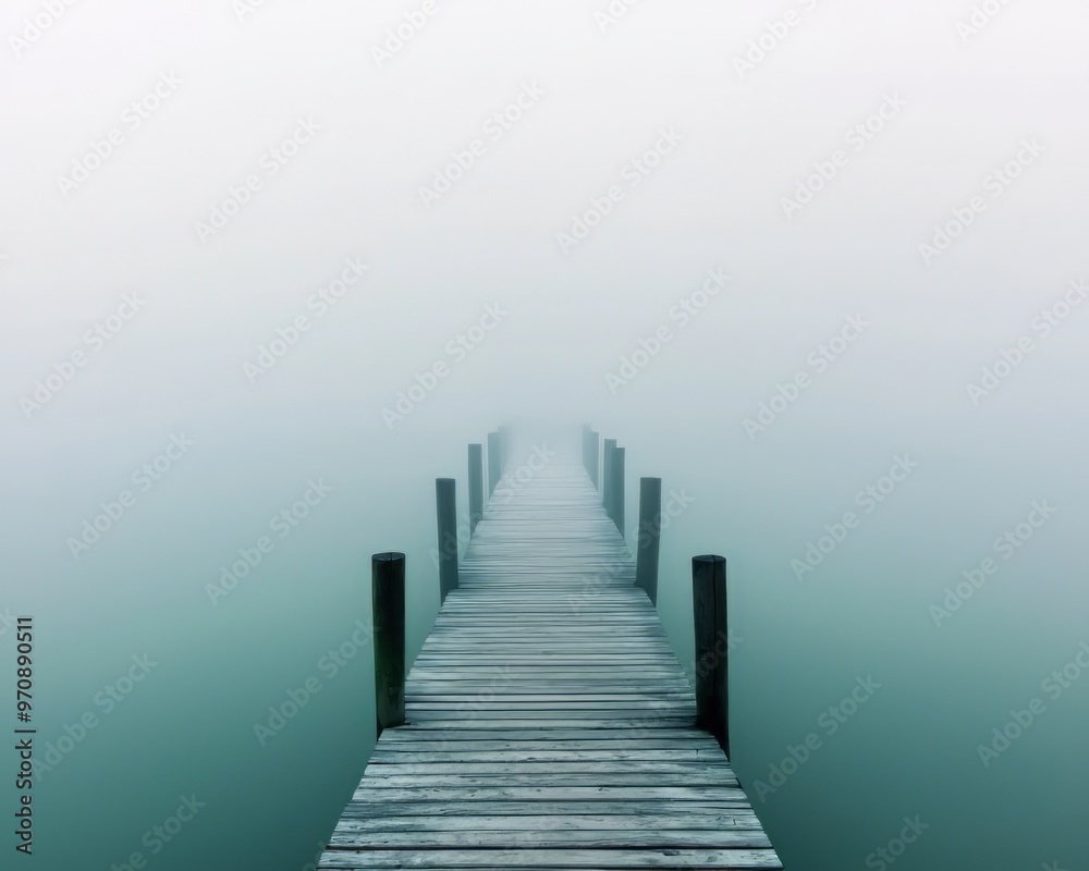 Fototapeta premium Into The Mist: A wooden pier disappears into a thick fog, a solitary path leading into the unknown. This minimalist image evokes a sense of mystery and contemplation, perfect for themes of anticipati