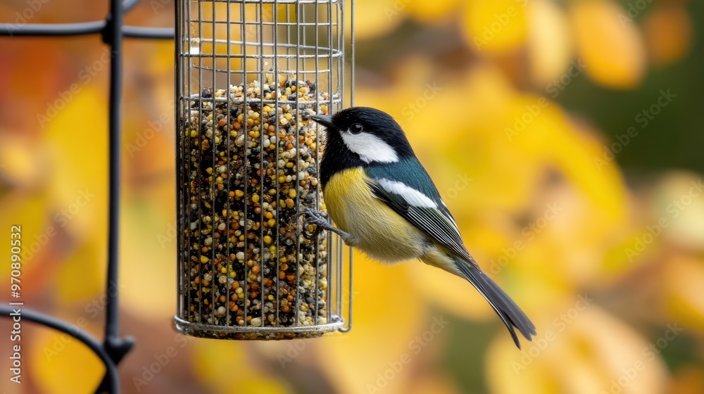 Fototapeta premium Great Tit on a Bird Feeder in Autumn