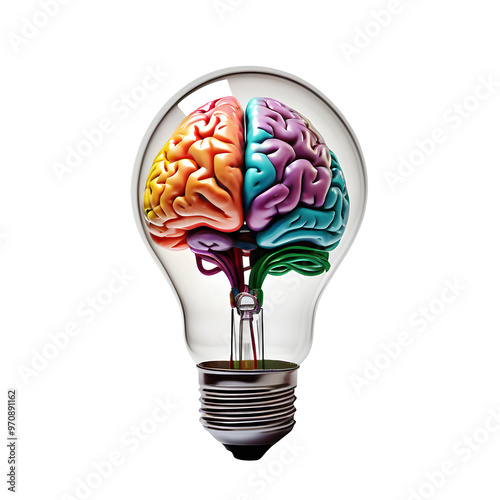 A vibrant brain inside a light bulb filament symbolizing creative thinking and innovation. Isolated on a transparent or white background, perfect for ideas, creativity, or brainstorming themes.
