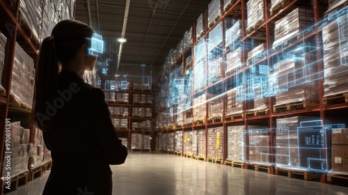 A woman wearing VR headset stands in a warehouse with virtual reality overlay.