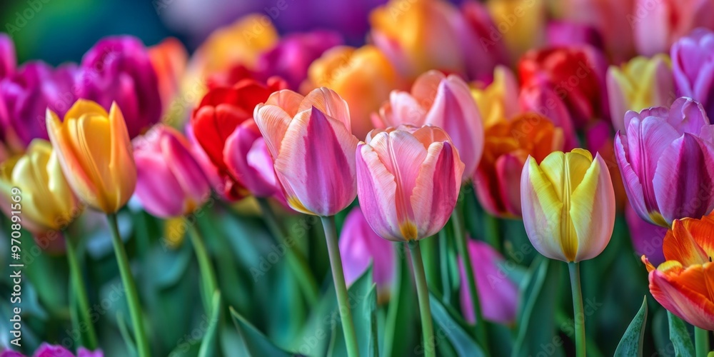 Obraz premium Red, pink and yellow tulips in spring
