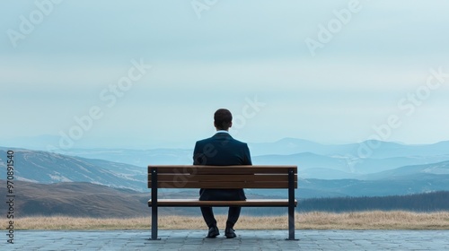 Wallpaper Mural Contemplation on the Peak:  A businessman sits alone on a bench overlooking a vast mountain range, lost in thought as he contemplates the vastness of life and the horizon ahead.  Torontodigital.ca