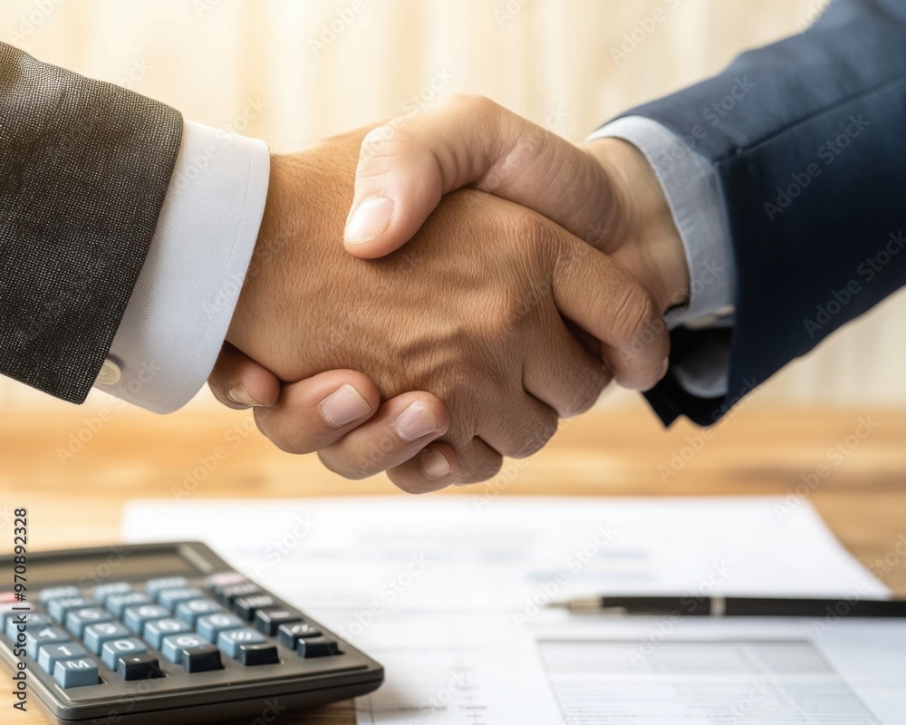 Strategic Business Negotiation with Calculator, Contract, and Handshake - Numbers-Driven Deal-Making Strategic Business Negotiation with Calculator, Contract, and Handshake - Numbers-Driven Deal-Making