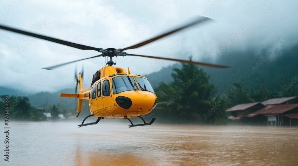 Dramatic aerial shot of a helicopter airlifting victims from a flood stricken area during an emergency evacuation The helicopter hovers above the floodwaters Dramatic aerial shot of a helicopter airlifting victims from a flood stricken area during an emergency evacuation The helicopter hovers above the floodwaters