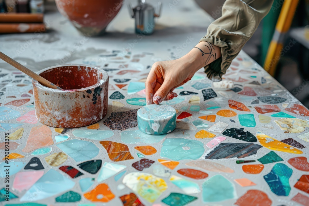young woman in studio produces terrazzo pieces, using plaster, concrete, ceramics. hands engaged in creative work, workshop setting young woman in studio produces terrazzo pieces, using plaster, concrete, ceramics. hands engaged in creative work, workshop setting