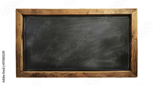 Blackboard with a wooden frame, isolated on a white background, top view. Chalkboard with chalk drawing and blank space for copy or text. Blackboard mock-up template. 