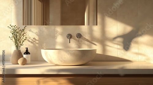 Minimalist Bathroom with Beige Tones and Natural Light