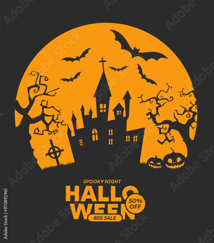 Halloween background with castle, graveyard and bats. Vector illustration.