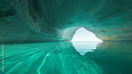 Hidden underwater cave with bioluminescent limestone and clear turquoise water, perfect symmetry reflection, glowing blue and green hues, seamless transition from water to stone