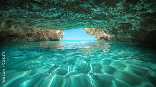 Hidden underwater cave with bioluminescent limestone walls reflecting turquoise water, glowing blue-green hues in perfect symmetry, captured inside cave looking out for serene nature beauty