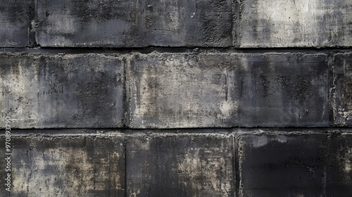 A concrete cinder block wall blackened with age is pictured close up creating a grungy textured backdrop perfect for industrial photos or portraits.