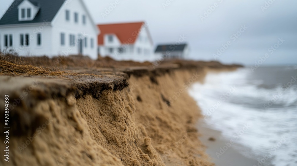 Dramatic scene of coastal erosion and storm surge damage with houses ...