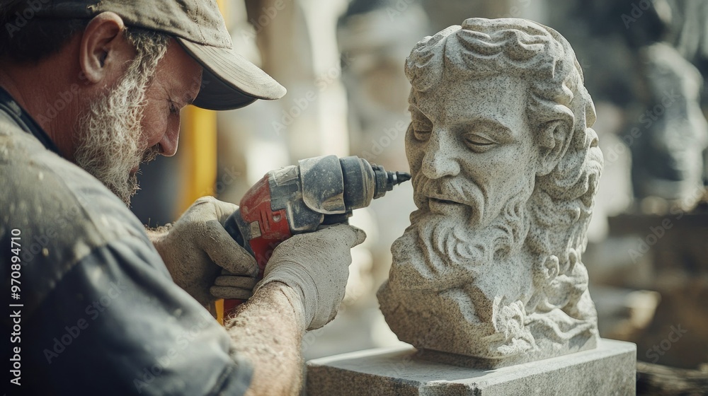 Sculptor Working on a Stone Bust Sculptor Working on a Stone Bust