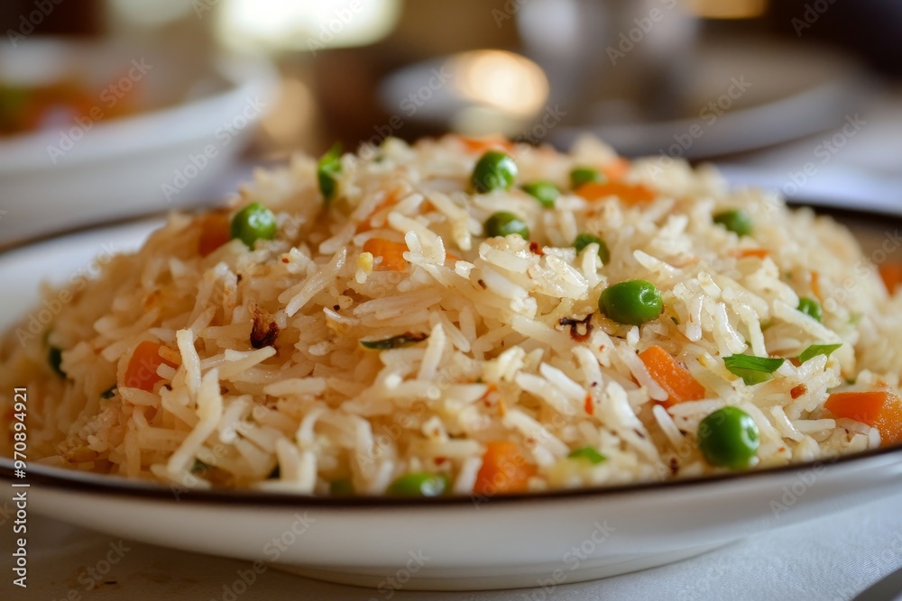 A plate of fluffy rice with carrots and green peas, served in an restaurant setting. The focus is on the vibrant colors and textures of each ingredient against the white porcelain dish. A plate of fluffy rice with carrots and green peas, served in an restaurant setting. The focus is on the vibrant colors and textures of each ingredient against the white porcelain dish.