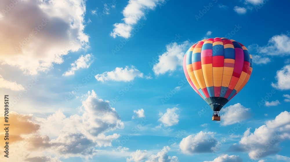 Fototapeta premium Colorful Hot Air Balloon Flying Through White Clouds in Blue Sky