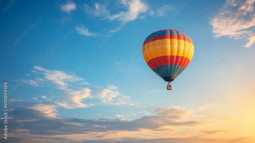 Fototapeta premium Colorful Hot Air Balloon Soaring Through Blue Sky with Clouds at Sunset
