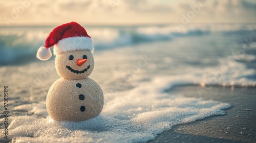 Smiling sandy snowman in red santa hat on the sea beach. Holiday concept can be used for New Year and Christmas Cards