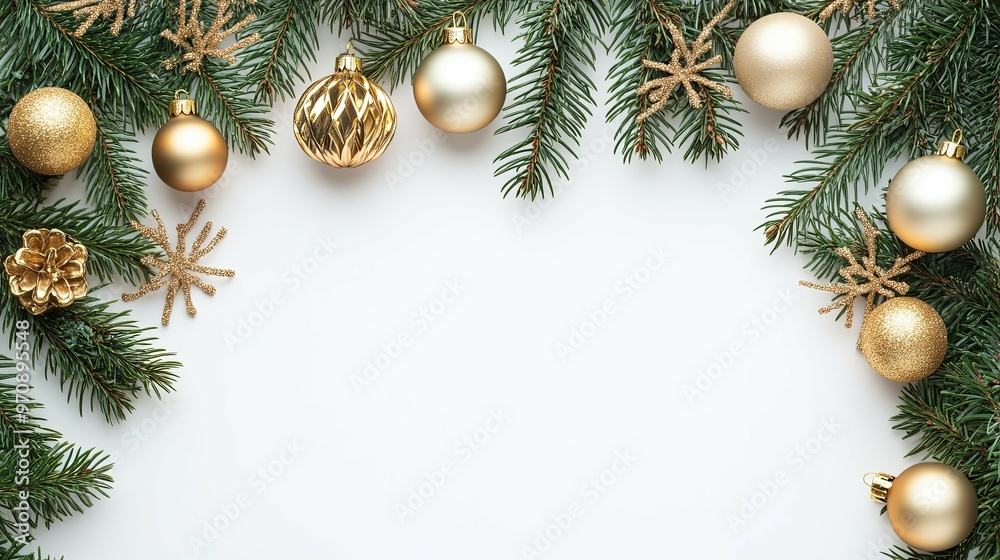 Golden Christmas Ornaments and Pine Branches on White Background Golden Christmas Ornaments and Pine Branches on White Background